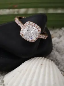 DIAVO 925 Sterling Silver Rose Gold Plated & Stone Studded Finger Ring