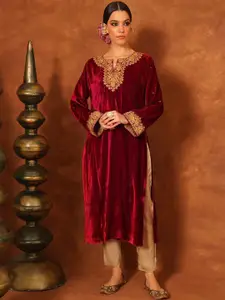 JAYPORE Floral Embroidered Notch Neck Straight Velvet Kurta