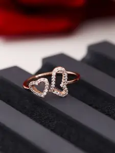 DIAVO 925 Sterling Silver Rose Gold Plated CZ Studded Heart Charm Finger Ring
