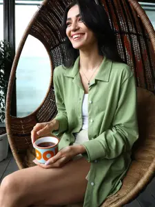 PINACOLADA Women Relaxed Cuban Collar Solid Cotton Casual Shirt