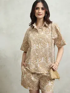 Tokyo Talkies Brown Floral Printed Pure Cotton Shirt & Shorts