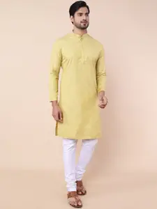 NAMASKAR Woven Design Mandarin Collar Pure Cotton Kurta With Churidar