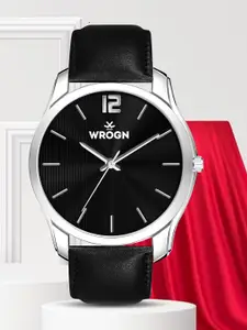WROGN Men Brass Dial & Leather Straps Analogue Watch WR-6606-Black