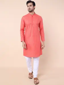 NAMASKAR Striped Mandarin Collar Pure Cotton Straight Kurta with Churidar
