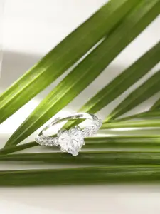 DIAVO 925 Sterling Silver Rhodium-Plated Stone Studded Dazzling Allegro Finger Ring
