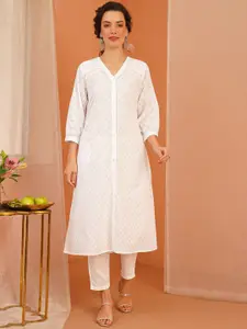 JAYPORE Geometric Woven Design Mirror Work Pure Cotton A-Line Kurta