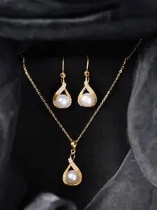 Clara 925 Sterling Silver Gold-Plated Stone Studded & Beaded Pendant & Earrings