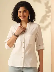 Anouk Women Solid Mandarin Collar Cotton Top