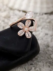DIAVO 925 Sterling Silver Rose Gold Plated Stone Studded Floral Charm Finger Ring