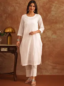 JAYPORE Ethnic Motifs Embroidered Chikankari Pure Cotton Straight Kurta