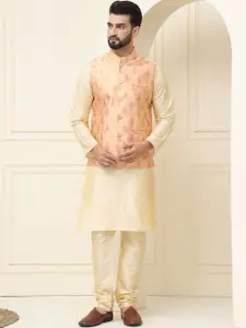 SOJANYA Mandarin Collar Silk Cotton Kurta With Churidar & Woven Design Nehru Jacket