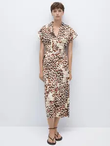 MANGO Pure Cotton Animal Print Shirt Midi Dress with Belt