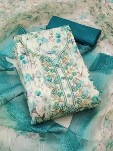 Peachmode Floral Printed Beads and Stones Unstitched Dress Material