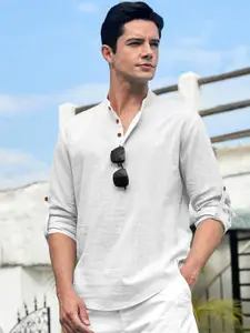 Zombom Mandarin Collar Roll-Up Sleeves Wrinkle Free Straight Short Kurta