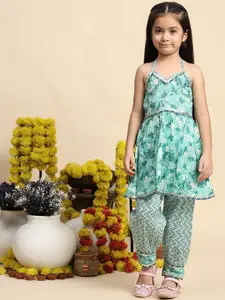Cutiekins Girls Floral Printed Halter Neck A-Line Kurta With Salwar