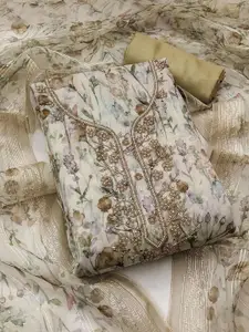 Peachmode Floral Prined Beads and Stones Unstitched Dress Material