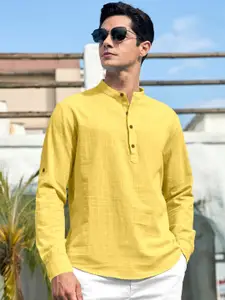 Zombom Mandarin Collar Roll-Up Sleeves Wrinkle Free Straight Short Kurta