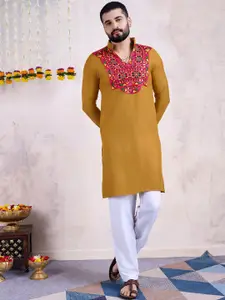 SHUBHVASTRA Mandarin Collar Thread Work Straight Kurta