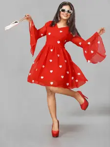 JULEE Women Printed V-neck Bell Sleeve Above Knee Fit & Flare Dress