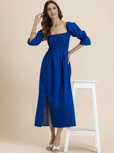 Moomaya Solid Puff Sleeve A-Line Midi Dress