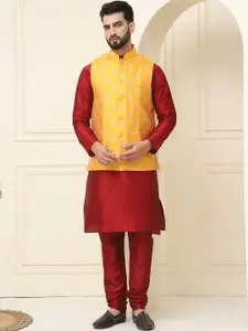 SOJANYA Mandarin Collar Silk Cotton Kurta With Churidar & Woven Design Nehru Jacket