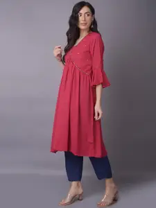 Shree V Neck Thread Work Flared Sleeves Crepe A Line Kurta