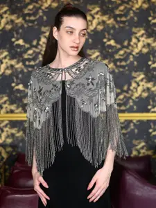 ODETTE Embroidered Mandarin Collar Crop Tie-Up Shrug