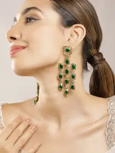 Rubans 22K Gold-Plated Emerald Gemstone Studded Chandelier Drop Earrings