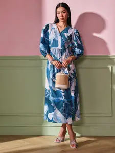 AND Women Floral Printed Cotton Puff Sleeves Wrap Midi Dress