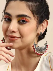 KRENOZ Silver-Plated Peacock Shaped Pearls Oxidised Chandbalis