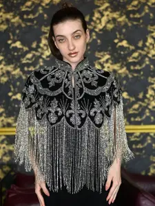 ODETTE Embroidered Mandarin Collar Crop Tie-Up Shrug