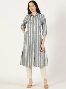 Saffron Threads Floral Printed Shirt Collar Puff Sleeves Cotton Linen Straight Kurta