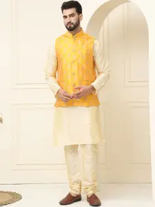 SOJANYA Mandarin Collar Zari Silk Cotton Straight Kurta with Pyjamas & Nehru jacket