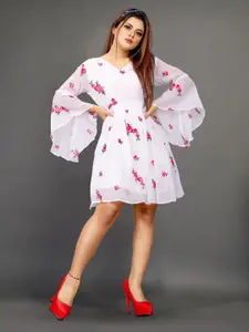 JULEE Floral Embroidered V-neck Bell Sleeve Above Knee Fit & Flare Dress