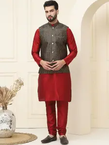 SOJANYA Mandarin Collar Silk Cotton Kurta With Churidar & Woven Design Nehru Jacket