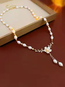 Peora Gold-Plated Pearl Studded Floral Design Necklace