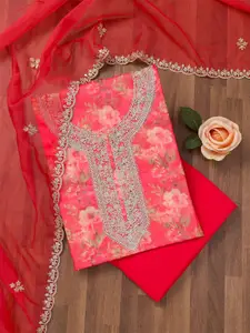 Koskii Floral Printed Sequinned Organza Unstitched Dress Material