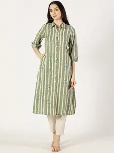 Saffron Threads Floral Printed Shirt Collar Puff Sleeves Cotton Linen Straight Kurta