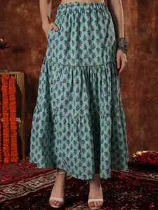 NEUDIS Women Printed Flared Pure Cotton Maxi Skirt