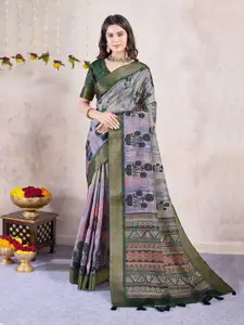 Mitera Floral Printed Zari Saree  With Tassels