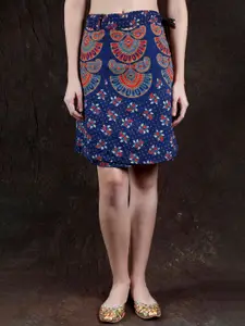 Exotic India True Navy Pure Cotton Wrap-Around Sanganeri Short-Skirt with Printed Motifs
