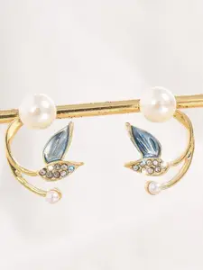 KRENOZ Stainless Steel Pearl Beaded Leaf Shaped Studs