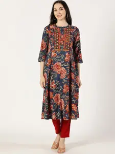 Saffron Threads Floral Printed Mirror Work Mandarin Collar Pure Cotton A-Line Kurta