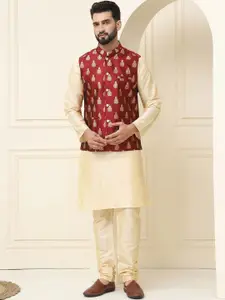 SOJANYA Mandarin Collar Silk Cotton Kurta With Churidar & Woven Design Nehru Jacket