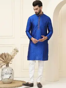 SOJANYA Paisley Woven Design Mandarin Collar Silk Cotton Straight Kurta with Pyjamas
