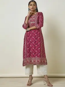 Soch Maroon Ethnic Motifs Printed Round Neck Sequinned Straight Kurta