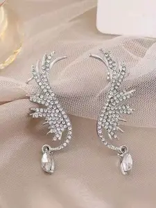 KRENOZ Stainless Steel Silver Plated Rhinestone Studded Contemporary Drop Earrings