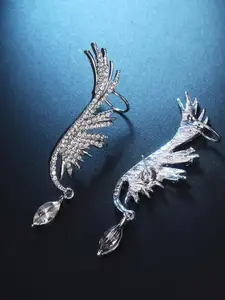 VAGHBHATT Silver Plated Stainless Steel Rhinestone Studded Classic Ear Cuff Earrings