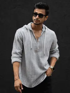Powerlook Men Hood Vertical Striped Cotton Casual Shirt