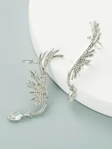 VAGHBHATT Silver Plated Stainless Steel Rhinestone Studded Classic Ear Cuff Earrings